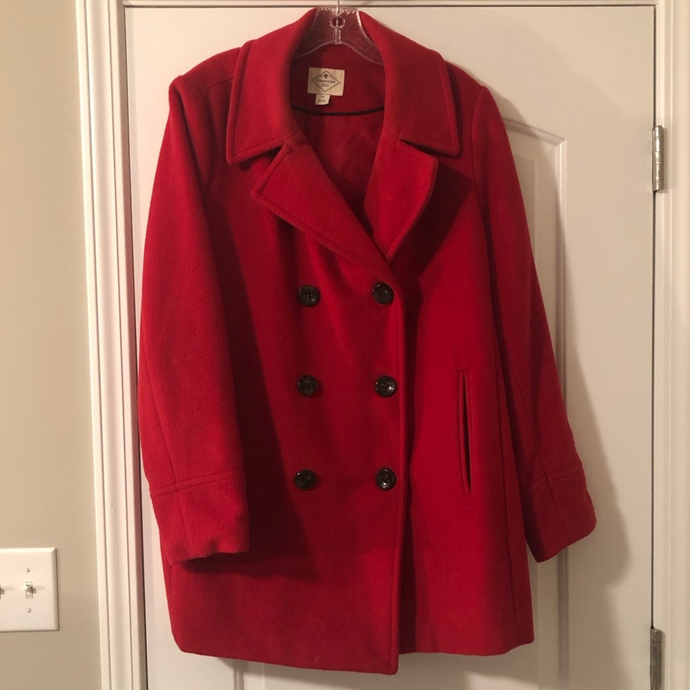 Red wool winter peacoat double breasted button